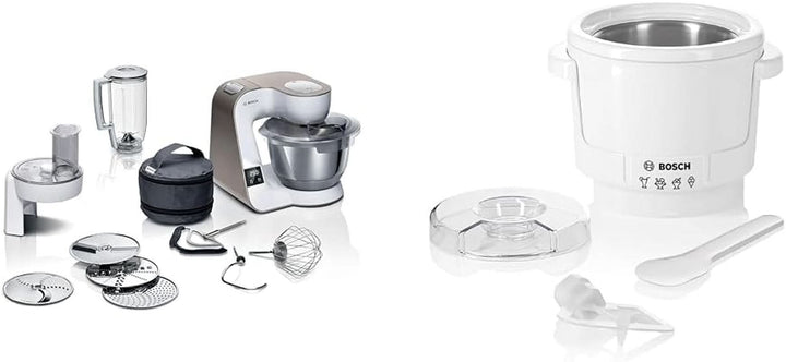 Robot de bucătărie Bosch Seria 4 MUM5X720, cântar integrat, bol din oțel inoxidabil 3.9L, mixer 1.25L, 1000W Accesorii Hrana si Alaptare Bebe Naty Shop Pachet cu mașină de făcut gheață Alb Sampanie 2 accesorii