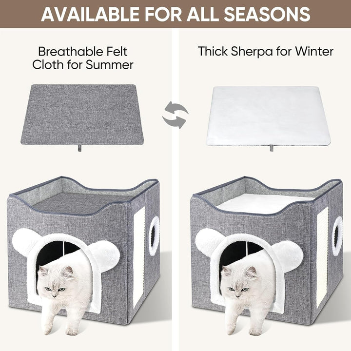 Paturi pentru pisici de interior, căsuță pliabilă pentru pisici, peșteră pentru pisici, cub cu 2 straturi, pat mare pentru pisici cu zgârietură și minge de joacă, 15,8 x 15,8 x 15 inci