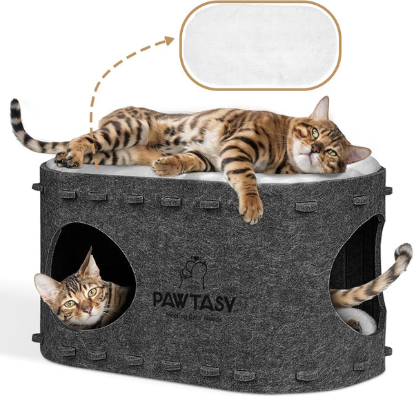 Pat pentru pisici Pawtasy, din fetru, cu 2 perne moi și detașabile, rezistent la iarnă, protecție pentru unghiile pisicii, 58A x 33L x 30Î cm, gri închis