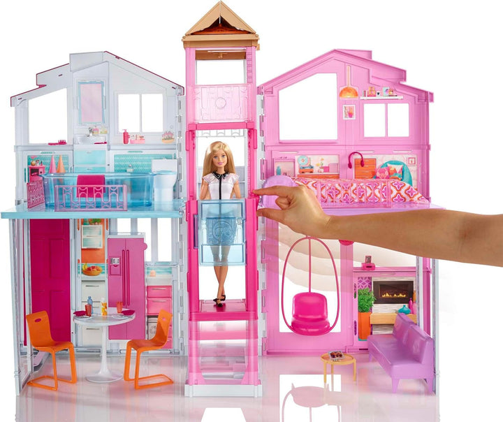 Barbie House Dream Villa, casă de oraș cu 3 etaje și 5 camere, inclusiv accesorii precum mobilier, pliabilă și depozitabilă, jucării de la 3 ani, DLY32 Casute de papusi Naty Shop