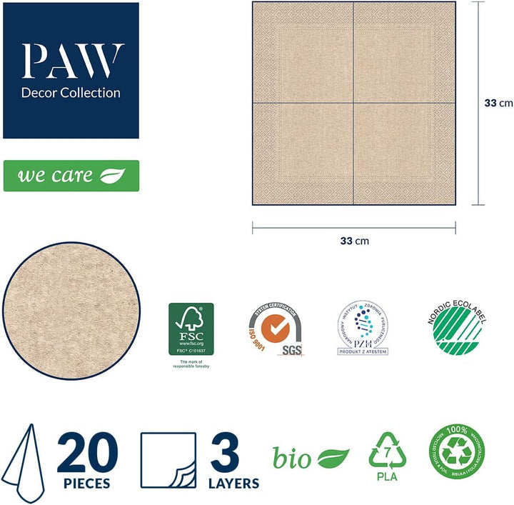 Paw Decor Collection X PAW Decor Collection CM Paper Wipes med 3 lag. 20 stykker. Trykt med vandbaserede farver. Borddekorationer. Nature, Hirsc, PAW_022022, hjorte, 33 x 33 cm (pakke med 3)