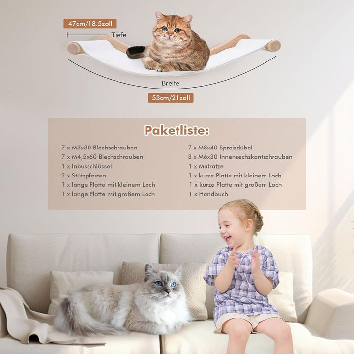 Suport de perete pentru hamac pentru pisici, set de perete de cățărat din lemn masiv cu scări pentru pisici - Pat stabil pentru pisici, mobilier pentru pisici care economisește spațiu, pentru dormit, cățărat și odihnă (Hamac pentru pisici)