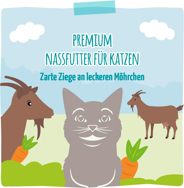 Mjamjam - Hrană umedă premium pentru pisici - Quetschie - Capră tandră cu morcovi delicioși, 1 pachet (1 X 300 G), fără cereale cu extra carne