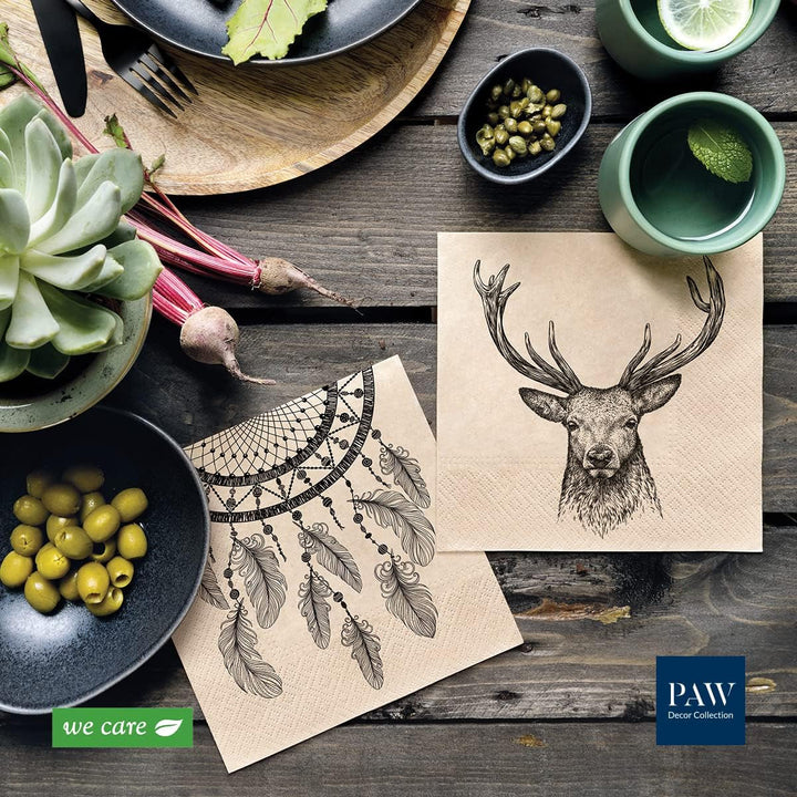 Paw Decor Collection X PAW Decor Collection CM Paper Wipes med 3 lag. 20 stykker. Trykt med vandbaserede farver. Borddekorationer. Nature, Hirsc, PAW_022022, hjorte, 33 x 33 cm (pakke med 3)