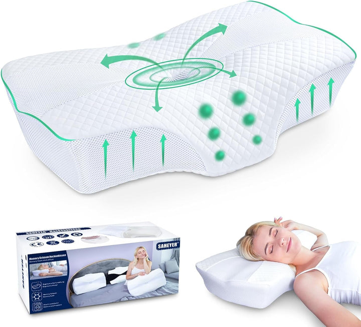 SAHEYER pernă ortopedică pernă de susținere a gâtului pernă pentru cap, pernă ergonomică pentru gât pernă pentru dormit lateral 60 X 40 X 13/11 cm pernă din spumă cu memorie pentru dormit lateral, spate și stomac Perne ortopedice cervicale Naty Shop Alb perlat