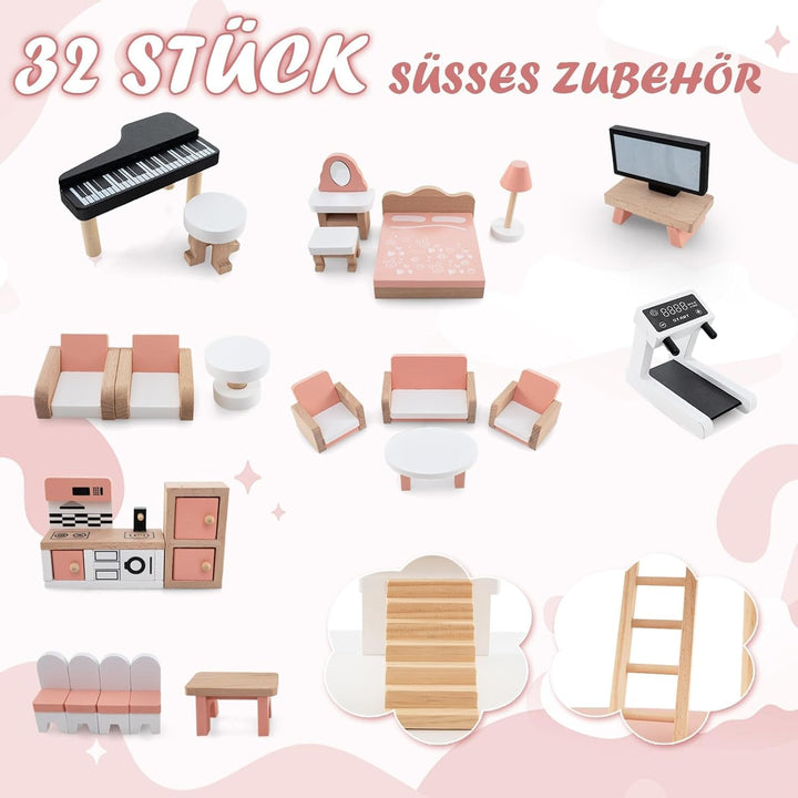 Casă de păpuși din lemn FANTASK, casă de păpuși de 85 cm înălțime 7 camere cu 32 de mobilier și accesorii, vilă de păpuși cu scară de frânghie, cadou de casă de păpuși pentru fete de la 3 ani (Model 3) Casute de papusi Naty Shop