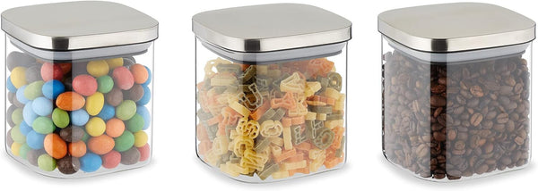 Borcane de depozitare Relaxdays cu capac, set de 3, 600 ml, borcane de depozitare pătrate, recipiente de sticlă etanșe, transparente/argintii Cutii depozitare alimente Naty Shop Titlu implicit
