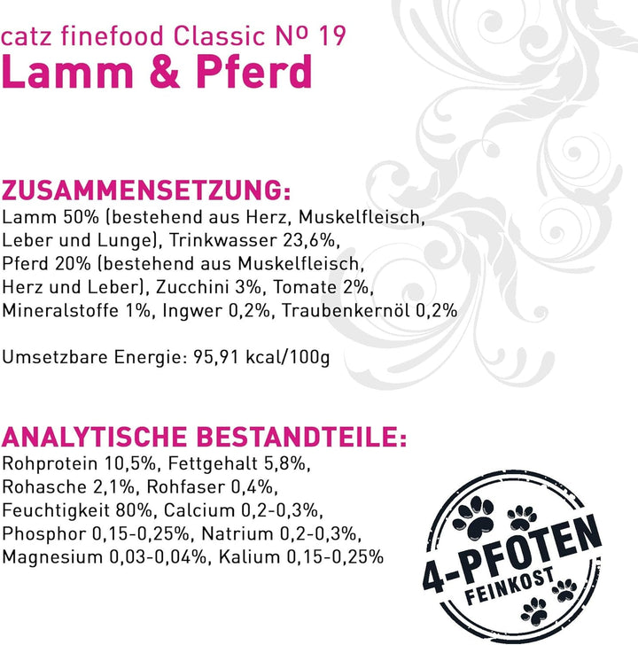 Catz Finefood N° 19 Lamb & Horse Delicatessen Hrană umedă pentru pisici, rafinată cu dovlecel și roșii, 16 X 85G pungă