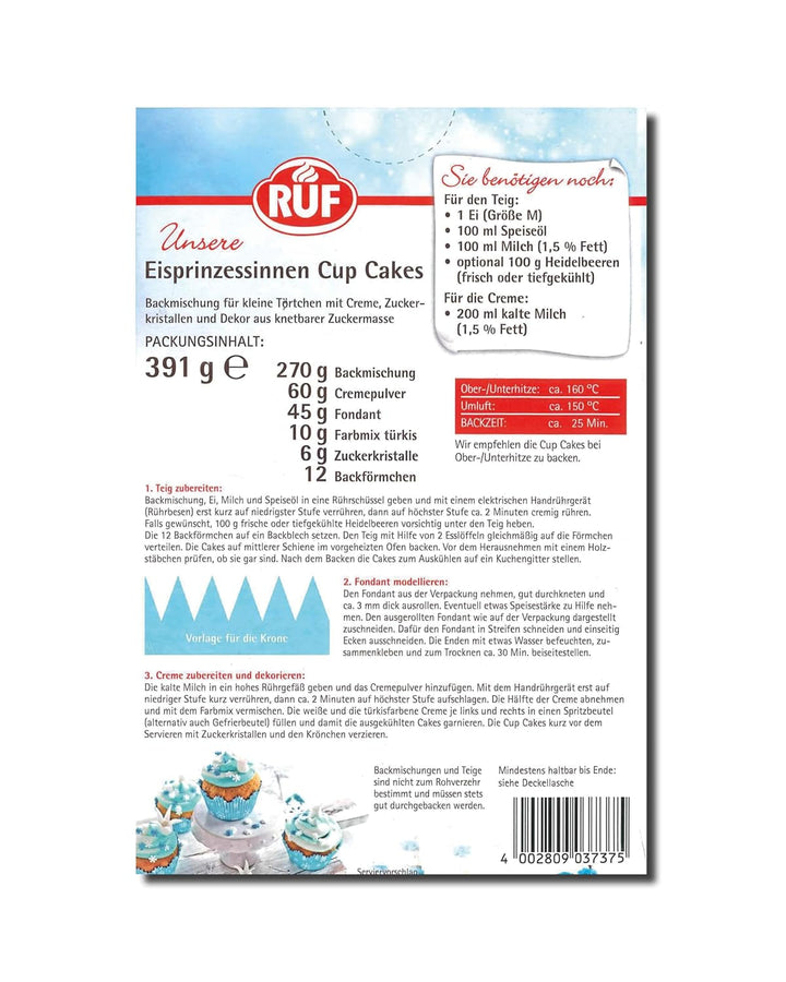RUF Cupcakes Für Eis-Prinzessinen Und Prinzen, Mit Torten-Creme in Eisblau, Zucker-Eiskristallen Und Fondant Für Zuckerkronen, Inkl. 12 Backförmchen, 1 X 391G Glazuri si Decor Naty Shop