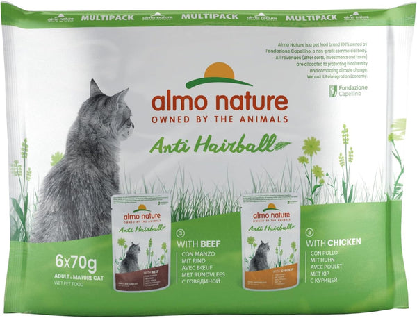 Almo Nature Holistic Anti-Hairball - Multipack hrană umedă pentru pisici adulte - Mix: 3X carne de vită și 3X carne de pui - 70G, 6pack