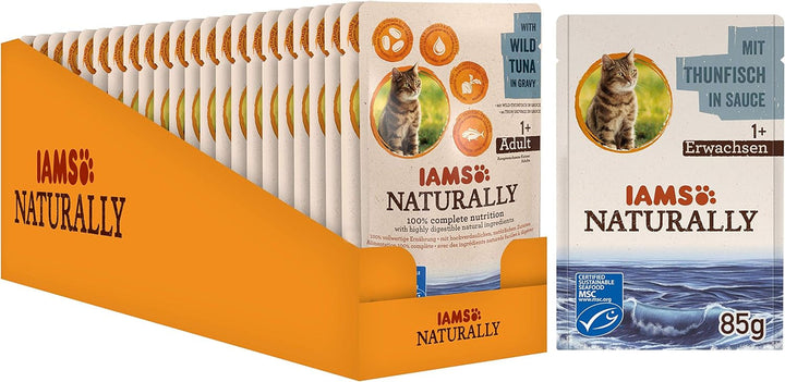 Iams Naturally Tuna Cat Food Wet, hrană umedă premium pentru pisici adulte în sos, 24 X 85G