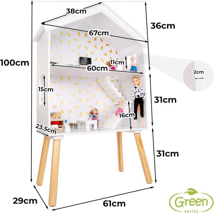 Green Series Casă mare din lemn pentru păpuși - Casă de păpuși, potrivită pentru păpuși mari, GS0024 Casute de papusi Naty Shop