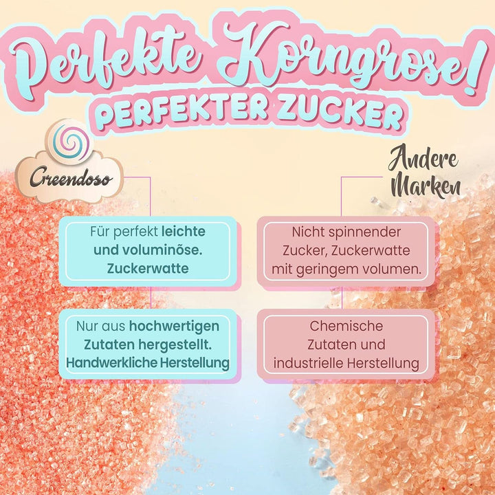 GREENDOSO® Zahăr de vată de zahăr pentru mașina de vată de zahăr (4 x 320 grame) - 4 arome (căpșuni/cola/ zmeură/ mere) + 50 sticks-uri - MADE in FRANCE Naty Shop