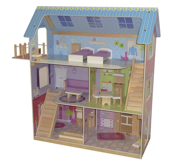 Casă de păpuși Roba, vilă de păpuși cu mobilier și păpuși, jucărie pentru fete, lemn natural Casute de papusi Naty Shop Pastel