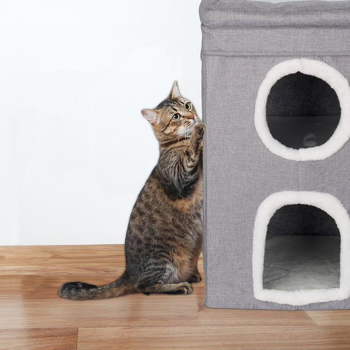 Relaxdays Peșteră pentru Pisici, 2 Peșteri și 1 Nivel Deschis, Pat pentru Pisici, Pătrat, cu Zonă de Zgâriat, ÎxLxA: 63 x 40 x 40 cm, Gri/Alb