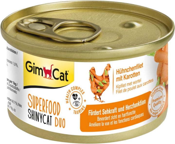 Gimcat Superfood Shinycat Duo Tuna With Tomatoes - Hrană pentru pisici cu file suculent fără zahăr adăugat pentru pisici adulte - 24 cutii (24 X 70 G)