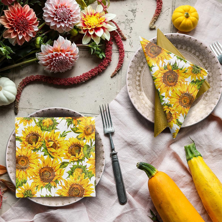 PAW - Șervețele 3 straturi (33 X 33 Cm) I 20 bucăți I Perfect pentru zile de naștere, petreceri, întâlniri I Decorațiuni de masă de toamnă I Șervețele de hârtie colorate - Floarea-soarelui Petale galbene I Floarea-soarelui dansatoare