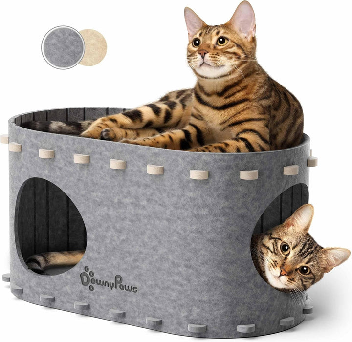Peșteră pentru pisici Downypaws din fetru, pat pentru pisici cu 2 niveluri, căsuță tip castel pentru joacă, design cald, protecție pentru unghiile pisicii, bej
