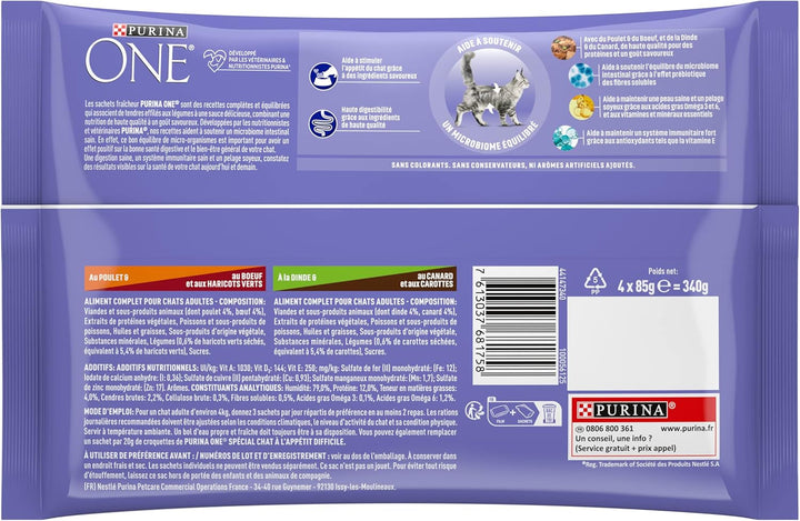 Purina One - Hrană specială în sos carne de vită/pui/canard și curcan pentru pisici cu apetit, 340 G