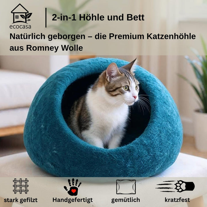Pat pentru pisici XL, Peșteră pentru pisici – Lână Romney fină – Îmâslită puternic – Robustă la exterior și moale la interior – Lavabilă la mașină (petrol)