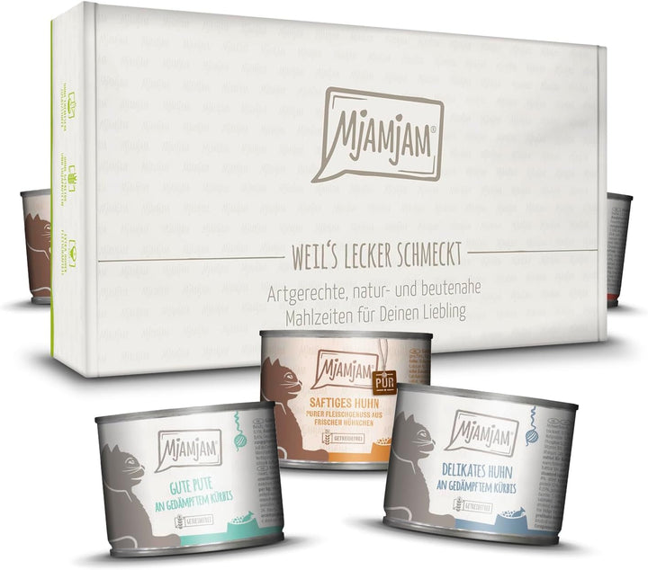 Mjamjam - Hrană umedă premium pentru pisici - Cutie delicioasă, 12 pachete (12 X 200 G), fără cereale cu extra carne