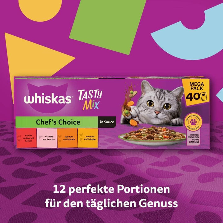 WHISKAS 1+ Hrană umedă pentru pisici - De la 1 an - 40X85G săculeți - Hrană umedă pentru pisici în sos - Hrană umedă de înaltă calitate pentru pisici - pachet mare
