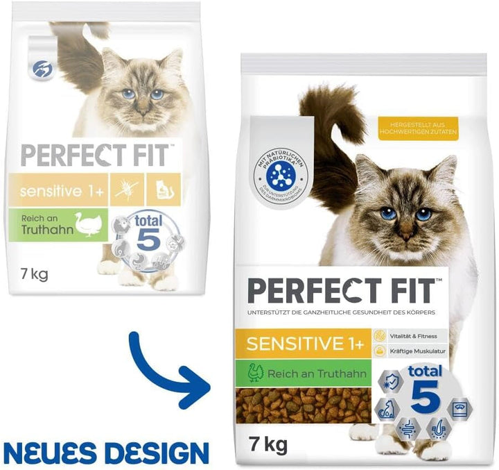 Hrană uscată pentru adulți PERFECT FIT pentru pisici sensibile de peste 1 an - curcan, 7 kg (1 pungă)