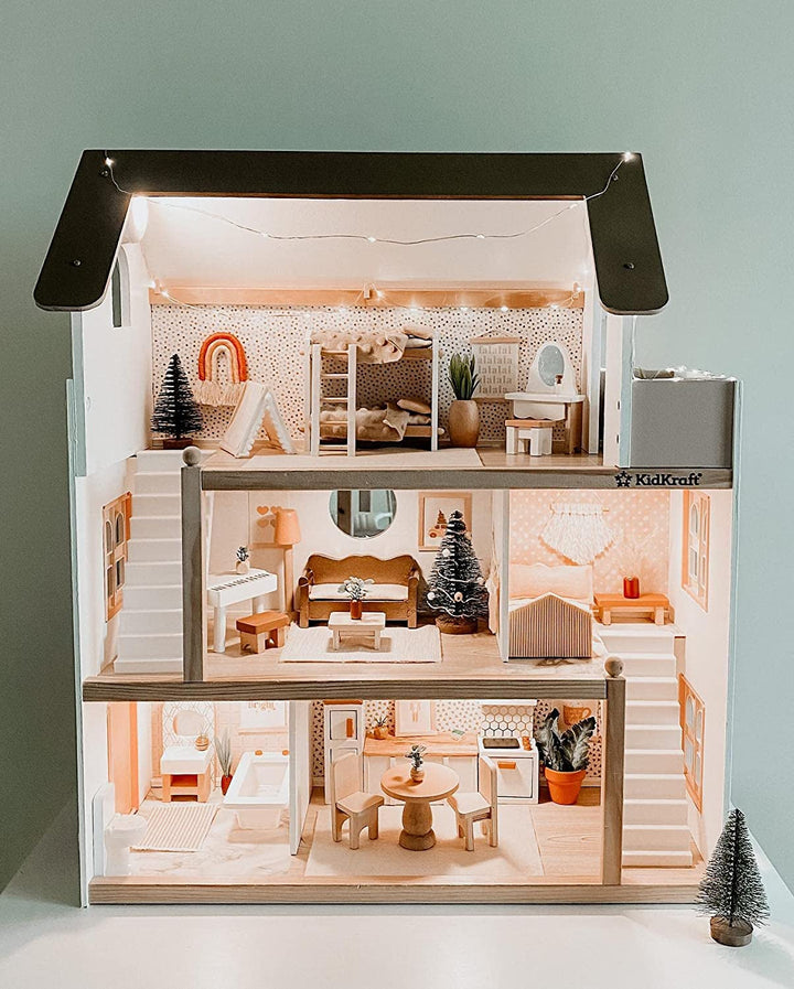 Kidkraft Dollhouse Chelsea din lemn cu mobilier și accesorii pentru mini păpuși, set de joacă pentru mini păpuși, jucărie pentru copii de la 3 ani, 65054, exclusiv la Amazon Casute de papusi Naty Shop
