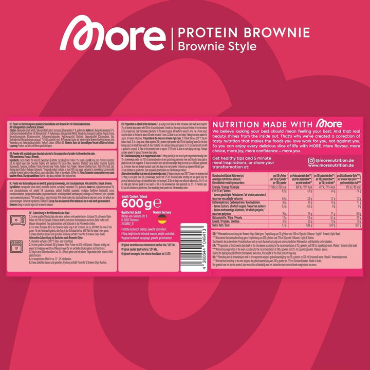 MORE Protein Brownie, 600G, Vegane Backmischung Für Brownies Mit Der Extra Portion Protein, Geprüfte Qualität - Made in Germany Amestec pentru copt si gatit Naty Shop