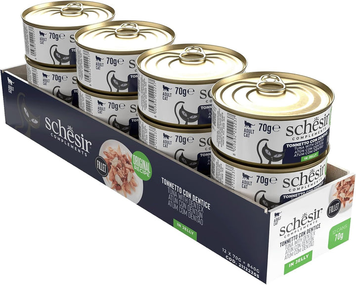 , File de ton cu dinte de jeleu, Hrană umedă complementară pentru pisici, Rețetă originală, 100% naturală, 12 cutii la 70 G