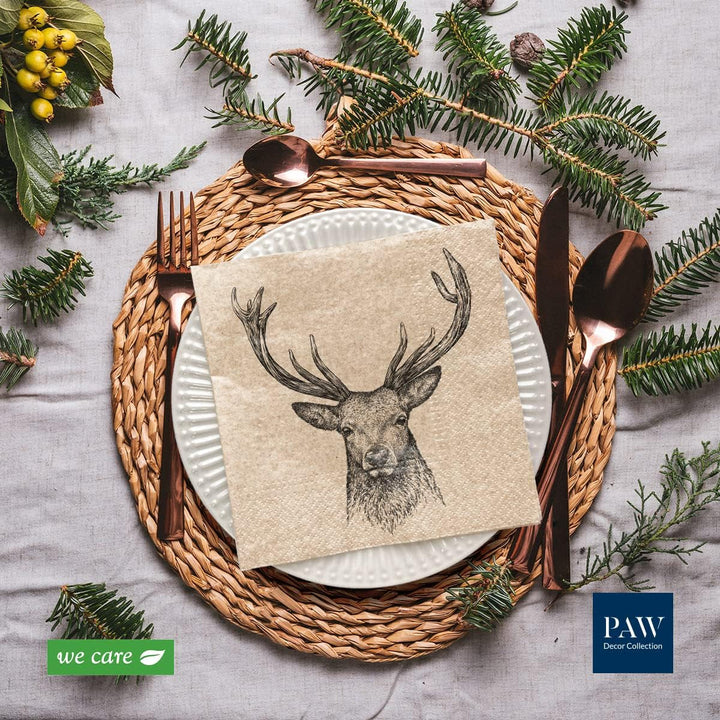 Paw Decor Collection X PAW Decor Collection CM Paper Wipes med 3 lag. 20 stykker. Trykt med vandbaserede farver. Borddekorationer. Nature, Hirsc, PAW_022022, hjorte, 33 x 33 cm (pakke med 3)