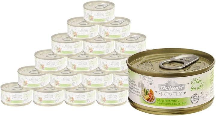 Dehner Premium Lovely Cat Food, hrană umedă fără gluten, pentru pisici adulte, ton / orez, 24 X 70 G Tin (1.68 Kg)