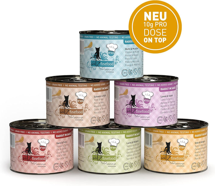 Catz Finefood Ragout N° 605 Salmon & Duck Cat Food Wet - hrană umedă delicatessen pentru pisici în sos fără cereale și zahăr cu conținut ridicat de carne, cutie 6 X 190 G