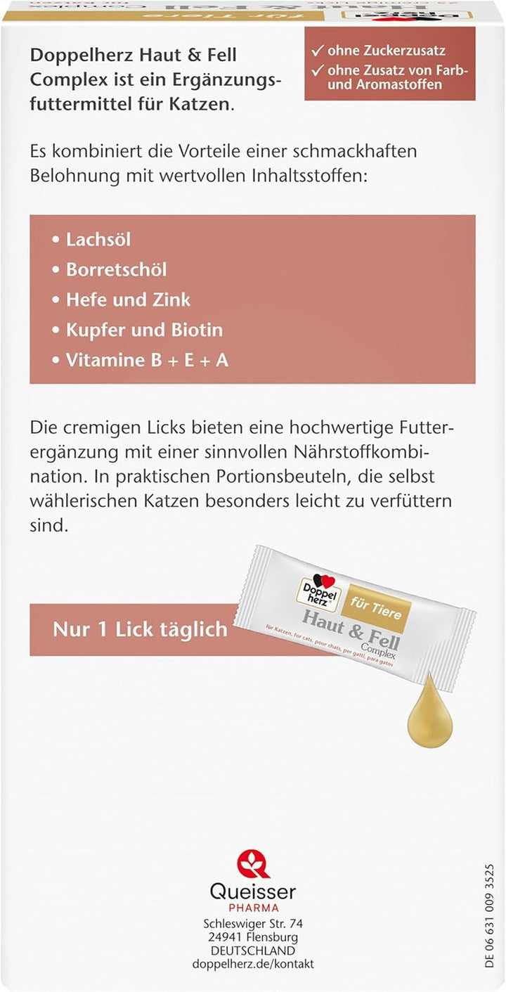 Double Heart Skin And Fur Complex pentru pisici - cu importanți acizi grași Omega-3 și Omega-6 - 25 linguri