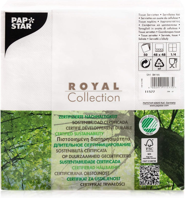 Papstar, 50 șervețele "ROYAL Collection" 1/4-fold 48 Cm X 48 Cm Alb, #11577