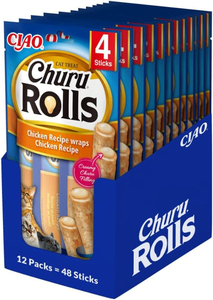 INABA Churu Rolls fără subproduse cu 59% carne de pui Tratează pisicile, fără cereale, fără zahăr, perfecte pentru ascunderea comprimatelor, brânzoaice moi și suculente pentru pisici 40G