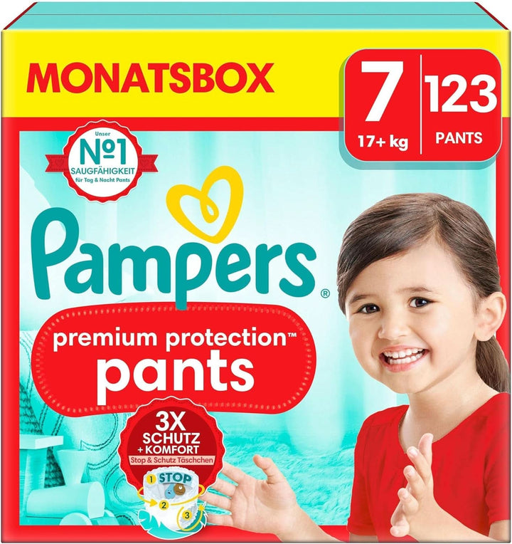 Pampers Baby Nappies Pantaloni mărimea 5 (12-17Kg) Premium Protection, Junior cu buzunar Stop and Protect, 144 scutece Panty Mama si Copilul Naty Shop 7 (123 buc) Premium Protection Pants