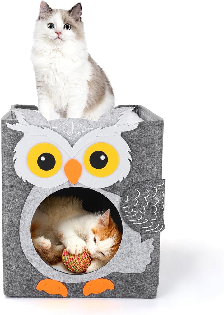 Dripex Peșteră pentru Pisici, Căsuță din Fetru cu 2 Niveluri, Inclusiv Pernă, Peșteră Pufoasă pentru Pisici, unde pot Dormi, Se Ascunde și Se Joacă, 30 x 35 x 35 cm (Bufniță)