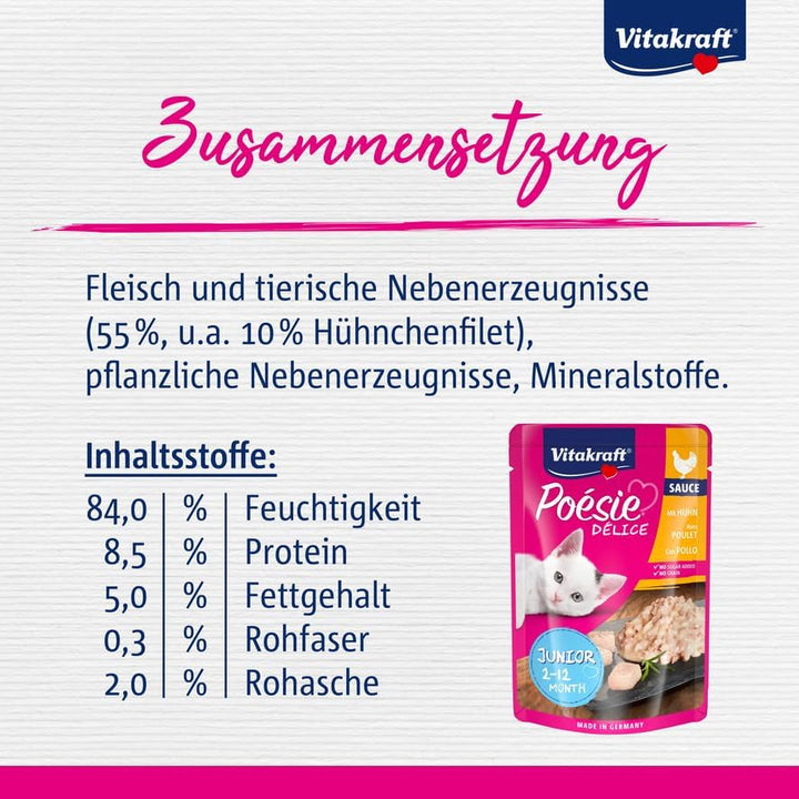 Vitakraft Poésie Délice, Junior, hrană umedă pentru pisici, hrană umedă în sos, cu pui, pentru pisici tinere, fără adaos de zahăr și cereale (1X 85G)