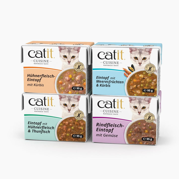 Catit Cuisine - Hrană umedă premium pentru pisici - Tocăniță cu fructe de mare și dovleac, hrană complementară, 95G, fără cereale, conținut ridicat de carne