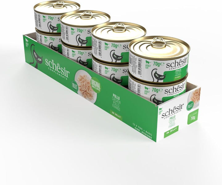 File de pui în jeleu, Hrană umedă complementară pentru pisici, Rețetă originală, 100% naturală, 12 cutii a câte 70 g