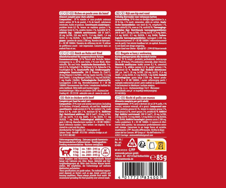 Animonda Vom Feinsten Adult Raffinesse Hrană pentru pisici în jeleu cu pui și carne de vită (24 X 85 G), hrană umedă cu taurină și vitamina D3, fără adaos de soia, zahăr și conservanți