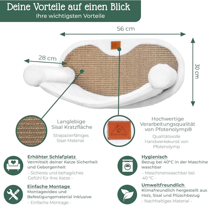 Hamac pentru pisici Pfotenolymp® Până la 10 kg | Montare pe perete | Stabilitate ridicată | Ore întregi de distracție cu zgârieturile | Igienic și ușor de întreținut | Ecologic | Asamblare ușoară