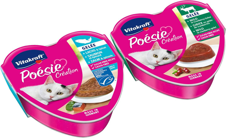 Vitakraft Poésie Création, Finest Selection, hrană umedă pentru pisici, hrană umedă pentru pisici Jelly, cu somon și spanac, cu vânat în jeleu de afine, fără zahăr adăugat și cereale (1 pachet cu 6X 85G)