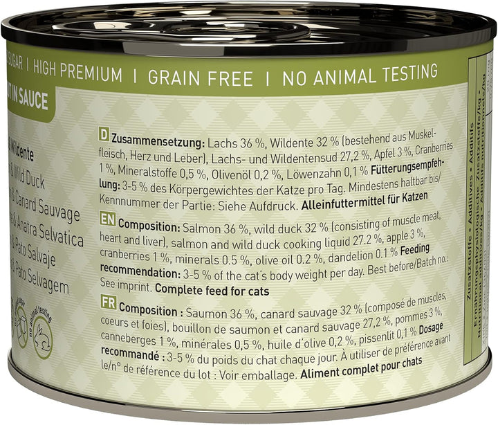 Catz Finefood Ragout N° 605 Salmon & Duck Cat Food Wet - hrană umedă delicatessen pentru pisici în sos fără cereale și zahăr cu conținut ridicat de carne, cutie 6 X 190 G