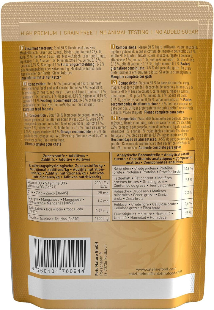Catz Finefood N° 7 Carne de vită și vițel Delicatessen Hrană umedă pentru pisici, rafinată cu caise și ananas, pungă 16 X 85G