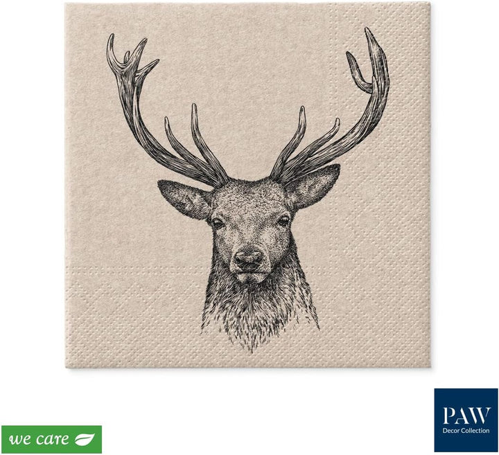 Paw Decor Collection X PAW Decor Collection CM Paper Wipes med 3 lag. 20 stykker. Trykt med vandbaserede farver. Borddekorationer. Nature, Hirsc, PAW_022022, hjorte, 33 x 33 cm (pakke med 3)