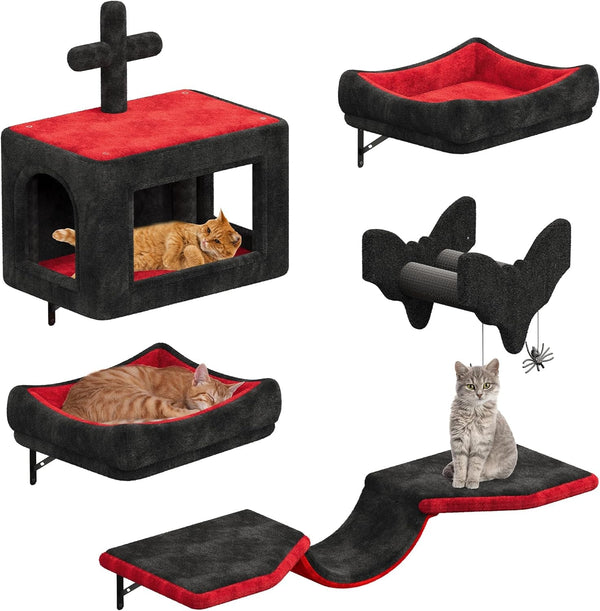 YITAHOME Set de perete de cățărat gotic pentru pisici, fabricat din flanel, mobilier robust pentru pisici din 5 piese cu căsuță pentru pisici, pat pentru pisici, hamac pentru pisici, coloană din sisal cu păianjen pentru dormit, joacă sau relaxează pisica