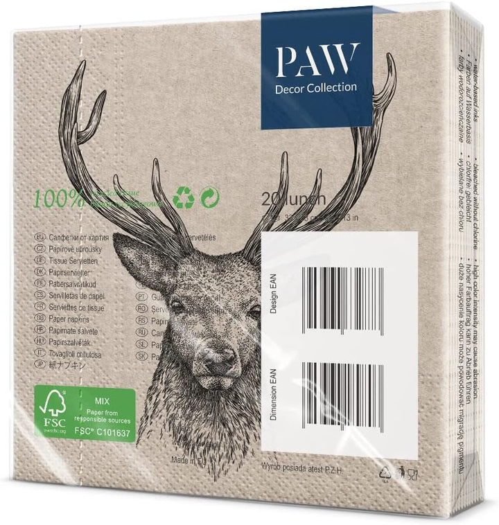 Paw Decor Collection X PAW Decor Collection CM Paper Wipes med 3 lag. 20 stykker. Trykt med vandbaserede farver. Borddekorationer. Nature, Hirsc, PAW_022022, hjorte, 33 x 33 cm (pakke med 3)
