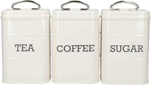 KitchenCraft Living Nostalgia set de 3 borcane de depozitare pentru ceai, zahăr și cafea, în cutie cadou, oțel, Antique Cream , 11 cm x 11 cm x 17 cm, Vintage Blue Cutii depozitare alimente Naty Shop Albastru de epocă